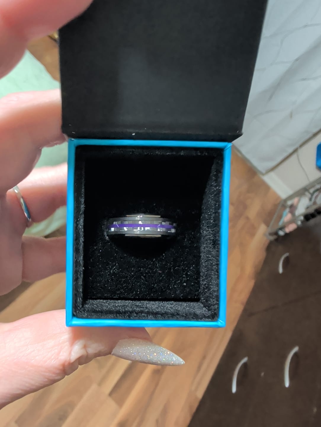 Customer photo review of 8mm - Tungsten Gunmetal wedding Rings, Carbon Fiber W/ Purple Wood Wedding Band