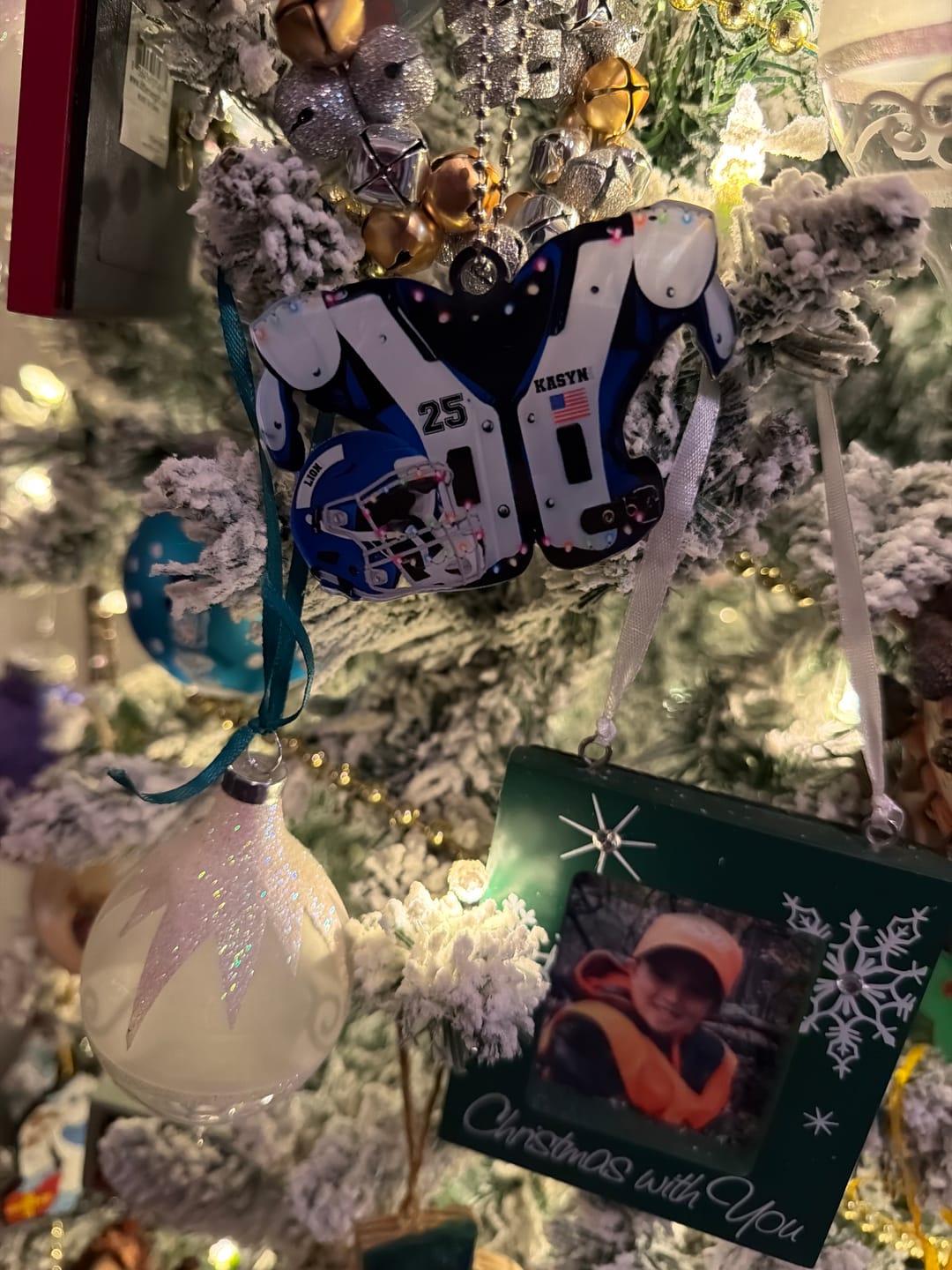 Customer photo review of American Football Shoulder Pads and Helmet Personalized Ornament