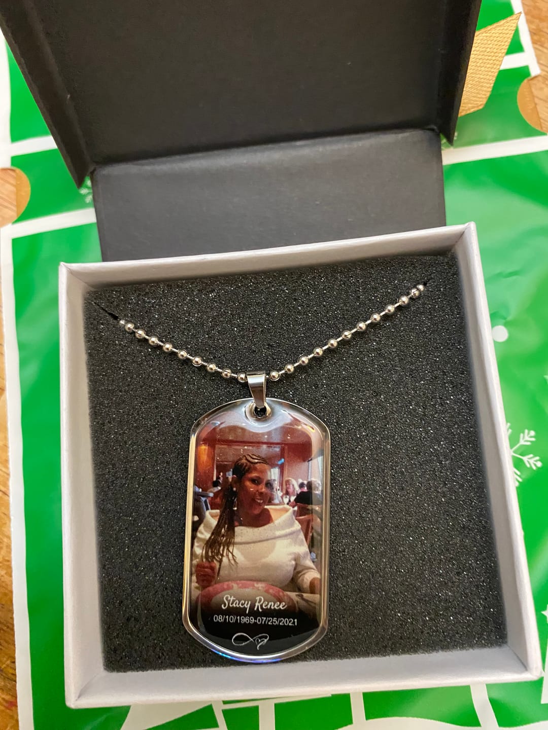 Customer photo review of Custom Name Photo Dog Tag Memorial Necklace