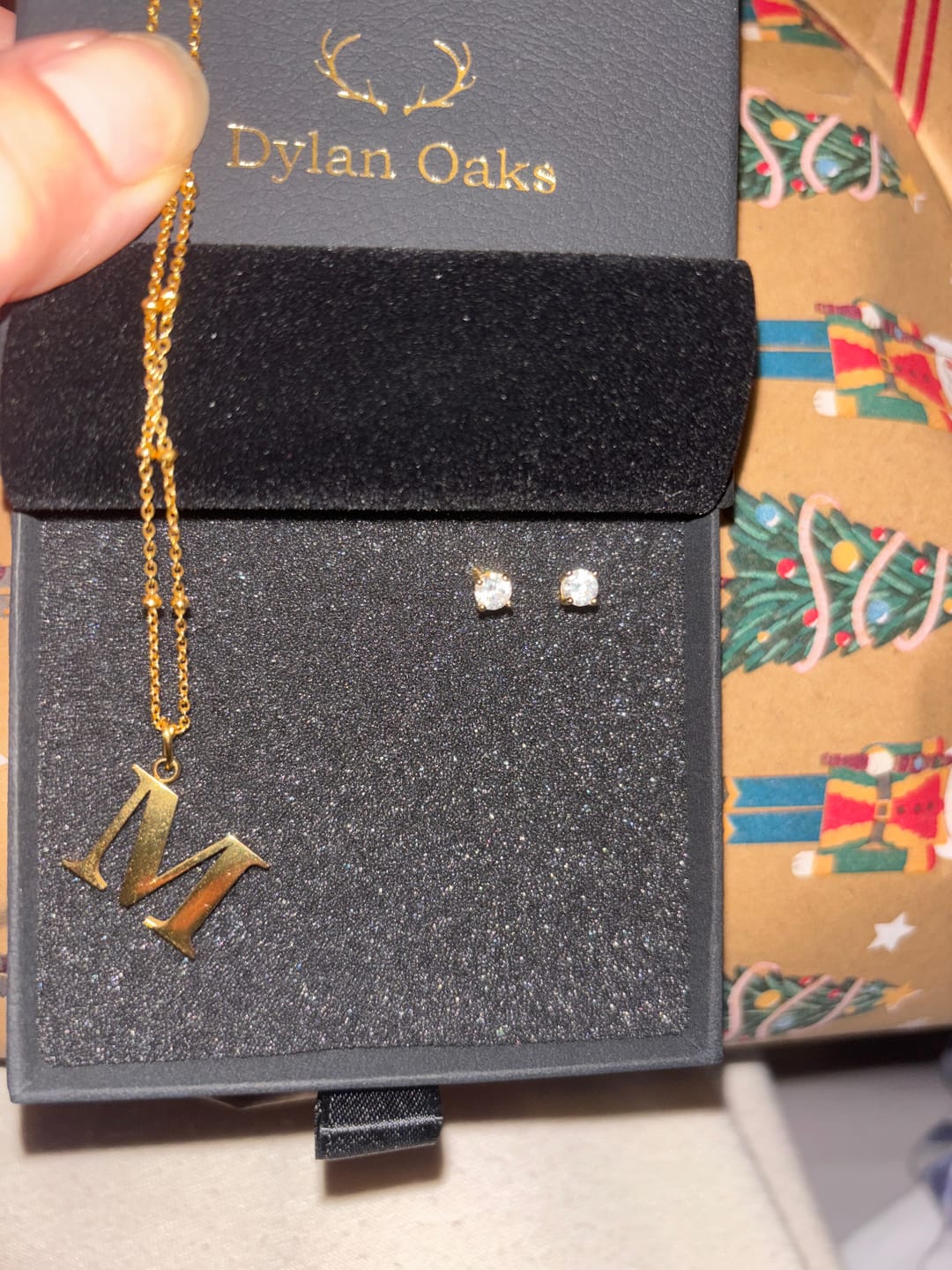 Customer photo review of M Initial Pendant Necklace + FREE Diamond Studs Gold