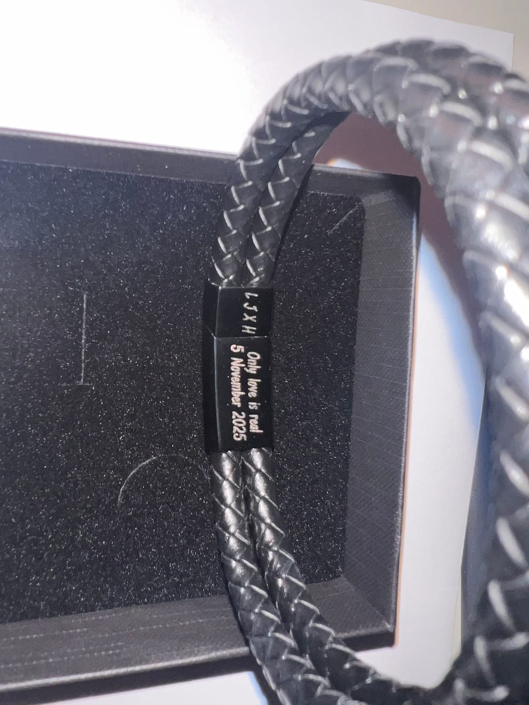 Customer photo review of Black Double Braided Personalised Leather Bracelet with Black Clasp