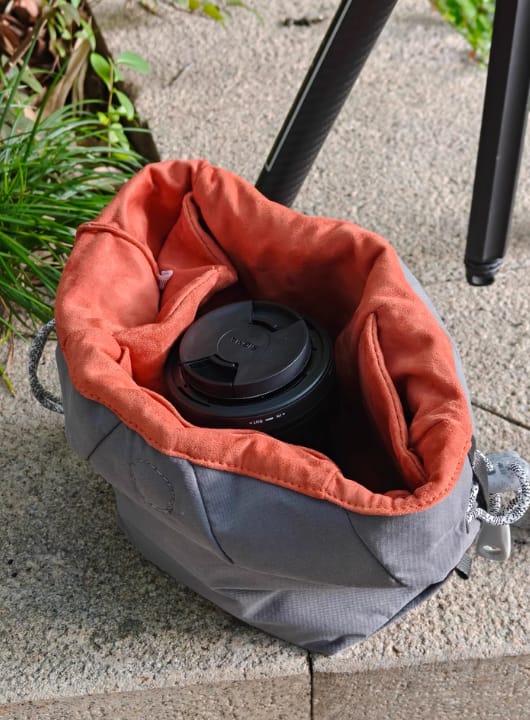 Customer photo review of Universal Soft Camera Pouch & Backpack Insert – Quick-Access Drawstring Series