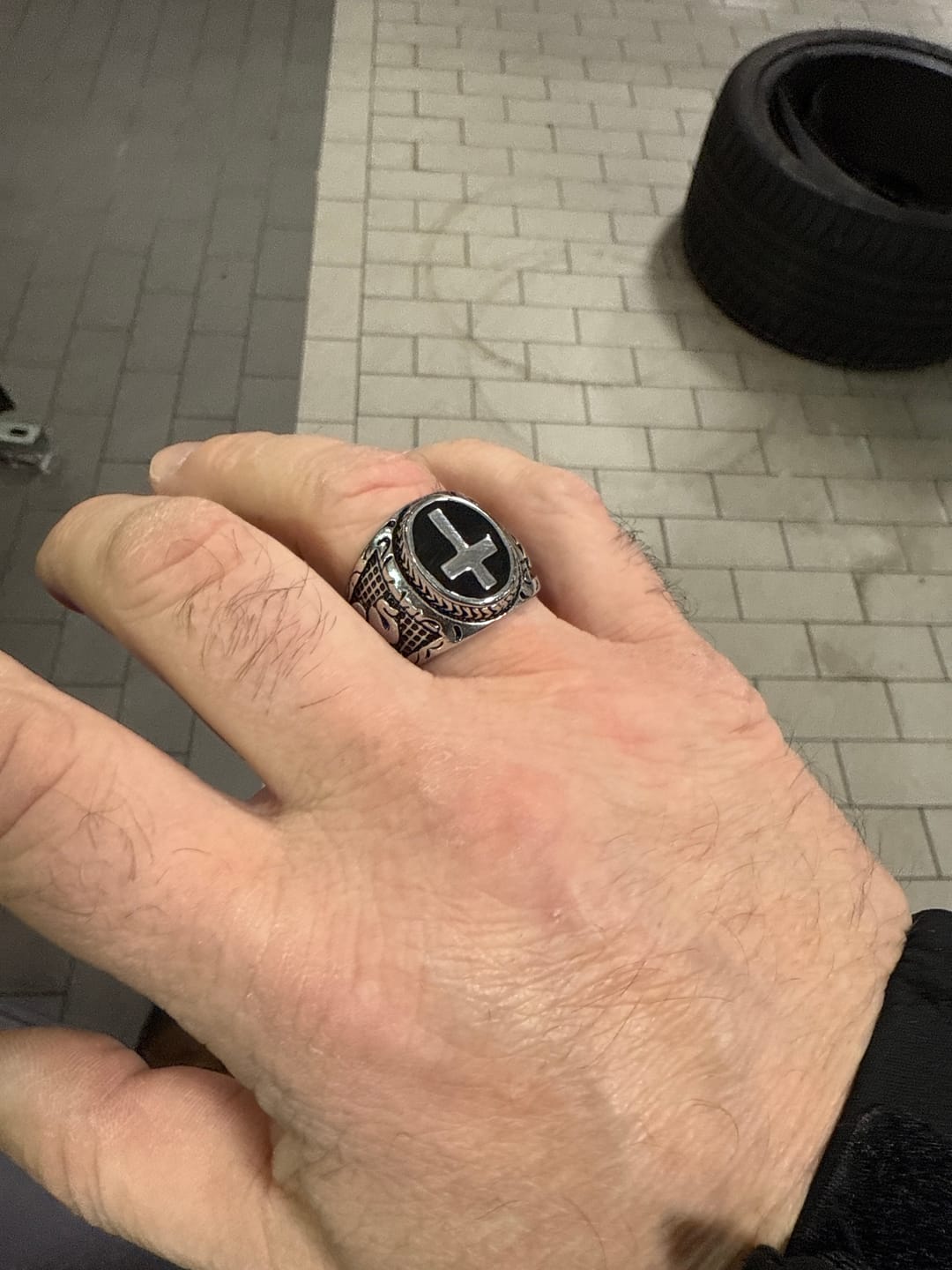 Customer photo review of Christianartworkshop Retro Cross "Hand of God" Titanium Religion Ring