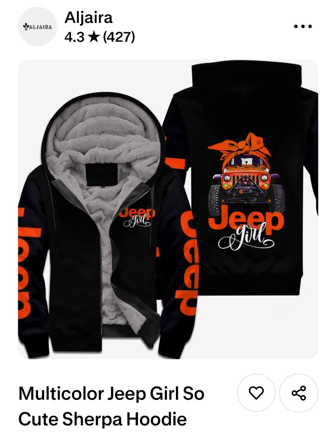 Customer photo review of Multicolor Jeep Girl So Cute Sherpa Hoodie