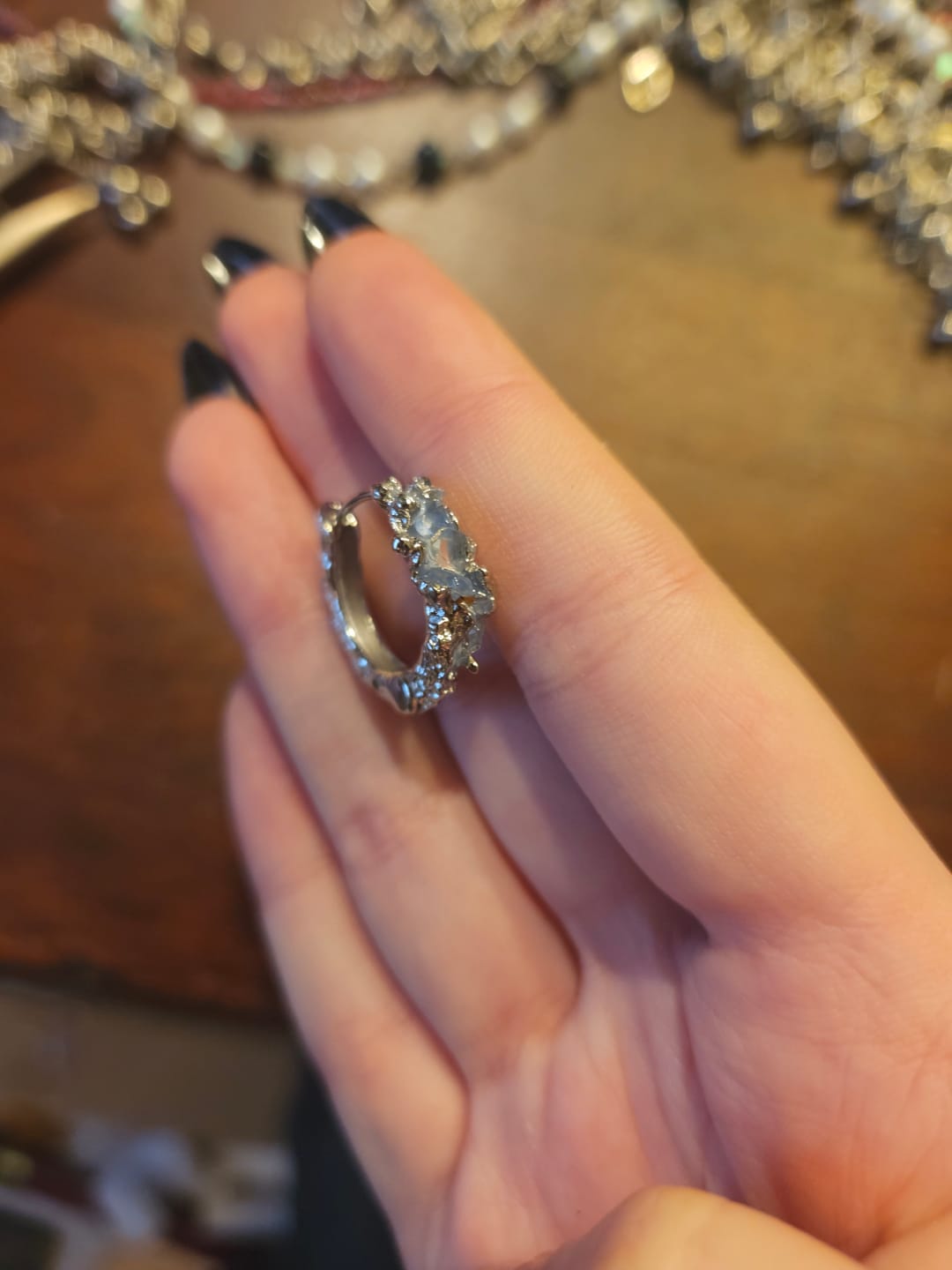 Customer photo review of "Ice Age" Platinum Plated Statement Icicle Crystal Dangle Earrings