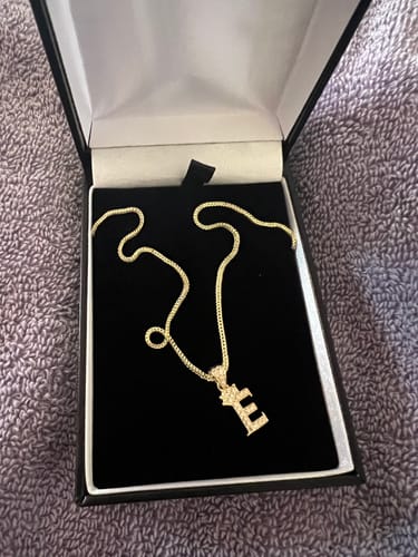 Reviewer's 14k gold initial 'E' CZ pendant and hollow Franco chain inside a black jewelry box.