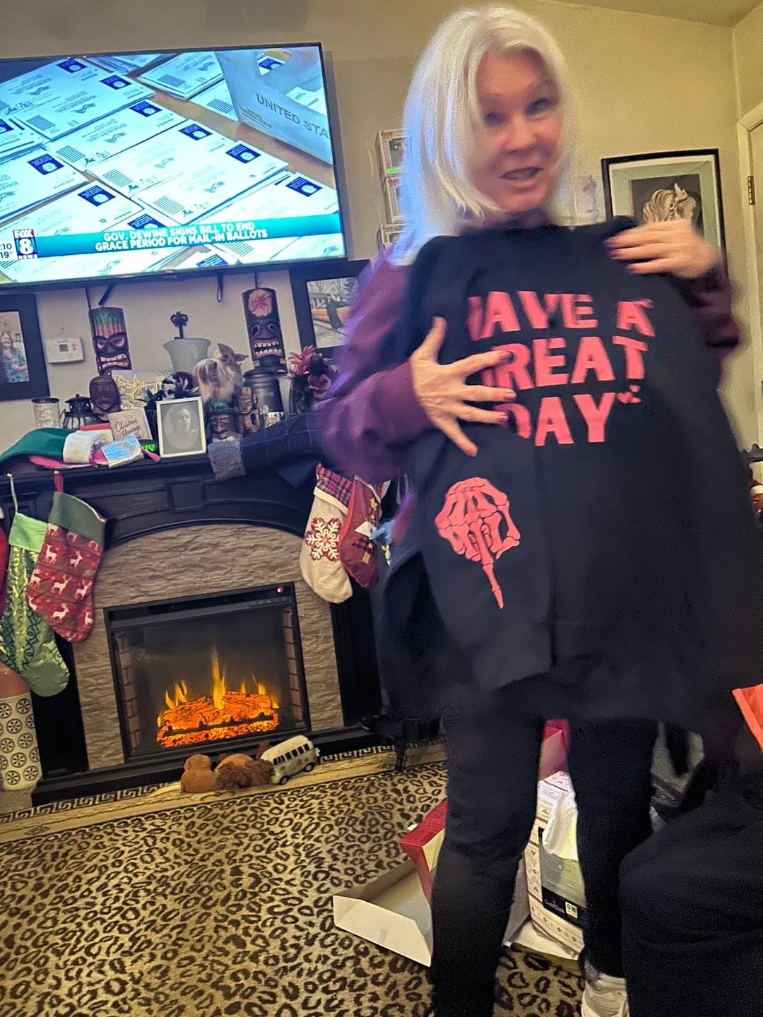 Customer photo review of Have A Great Day Hoodie, Skeleton Middle Finger Sleeve Graphic, Sassy, Funny Hooded Sweatshirt