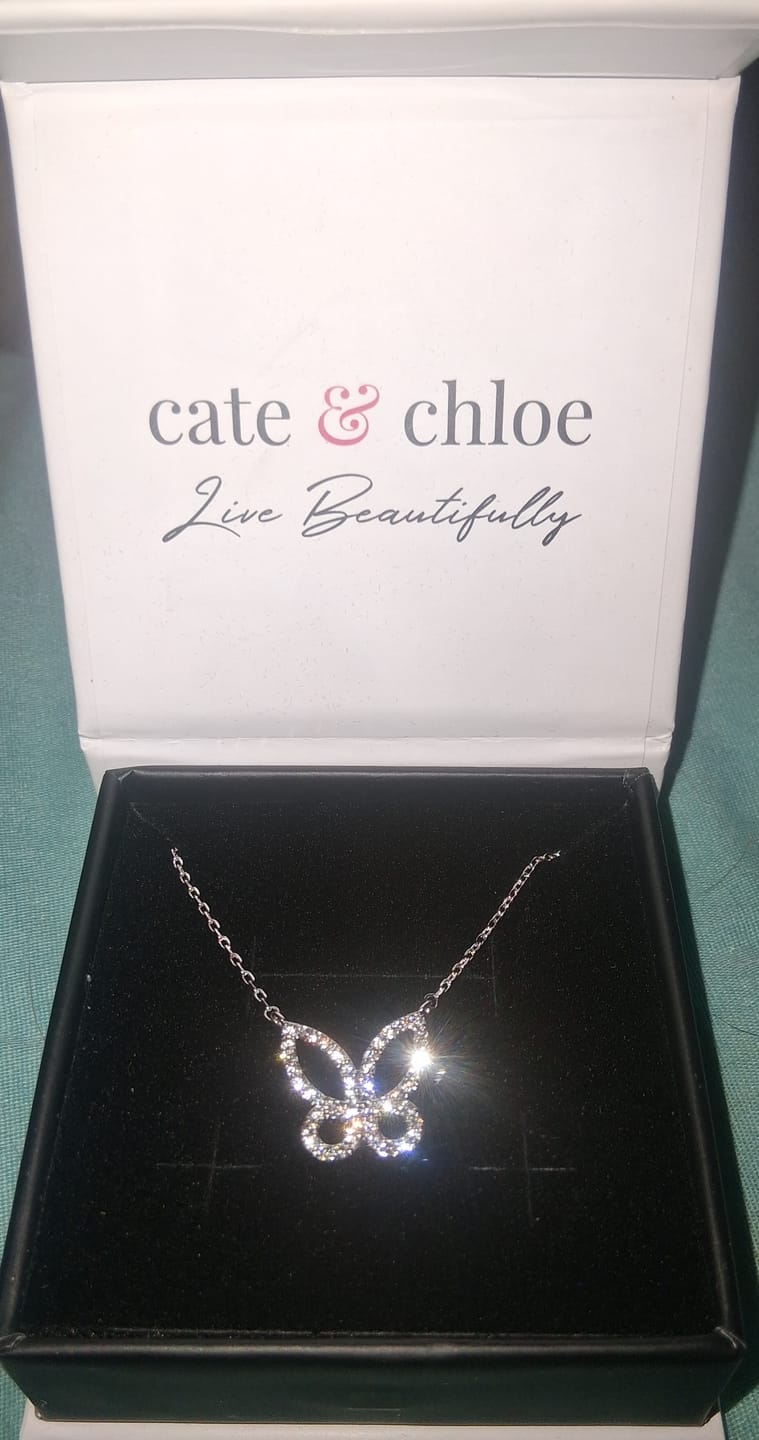 Customer photo review of Maxine 18k White Gold Plated Butterfly Necklace with Swarovski Crystals