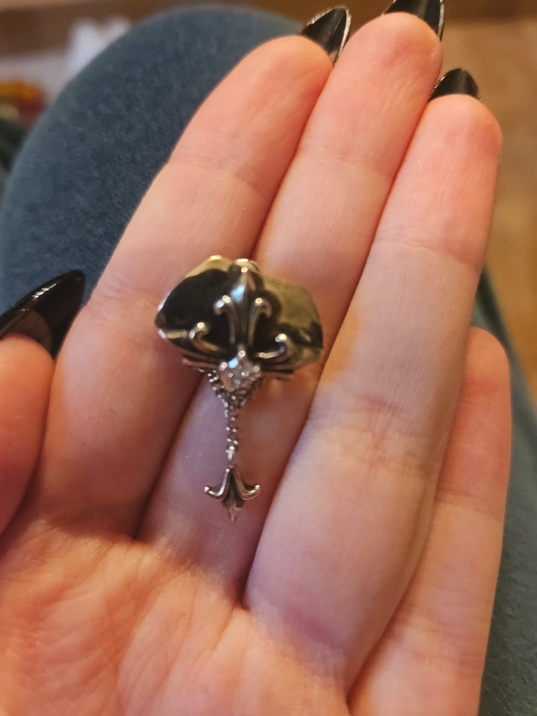 Customer photo review of "Irises" Rhodium Plated Vintage Statement Iris Flower Stud Earrings