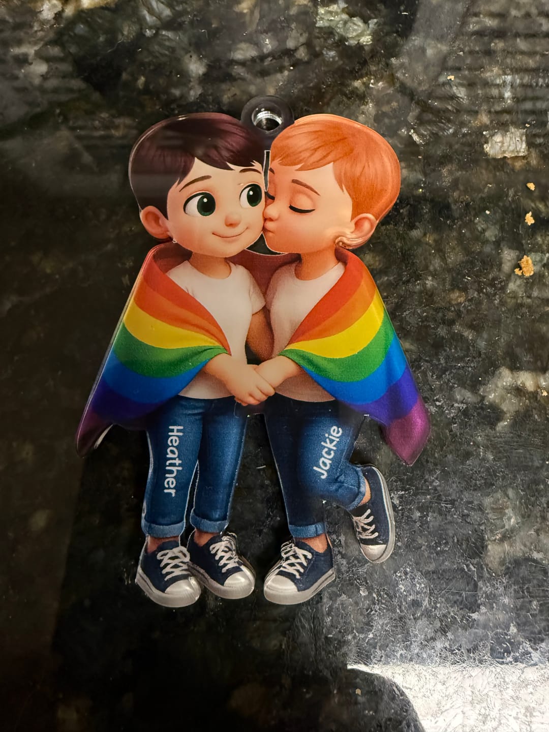 Customer photo review of Pride Month LGBT Couple Love Is Love Personalized Acrylic Christmas Ornament