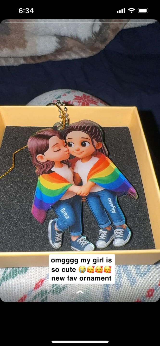 Customer photo review of Pride Month LGBT Couple Love Is Love Personalized Acrylic Christmas Ornament