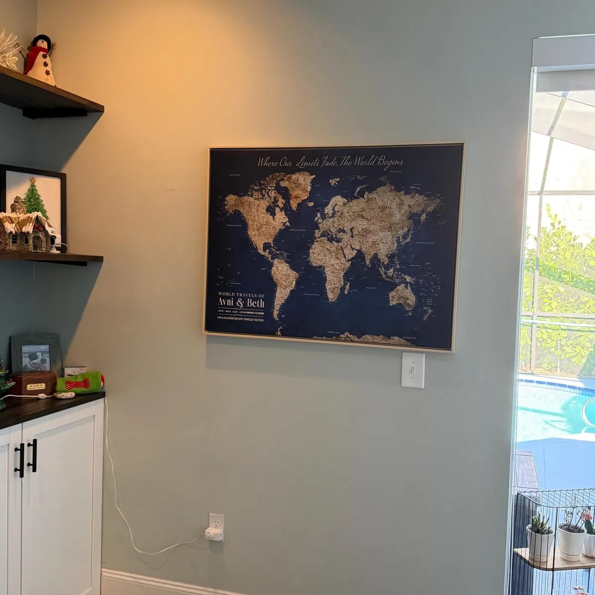 Customer photo review of Custom Push Pin World Map Personalized Travel Tracker Canvas Gift Framed Anniversary Decor for Home, Office