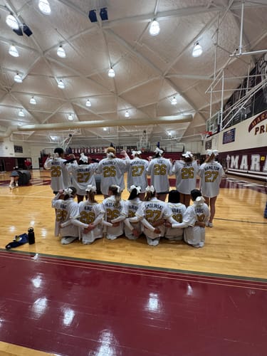 Customer's team posing in a gym, showing the back of their white custom baseball jerseys.