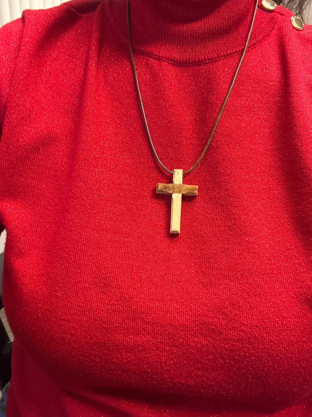 Customer photo review of Holy Land Plain Olive Wood Cross Pendant