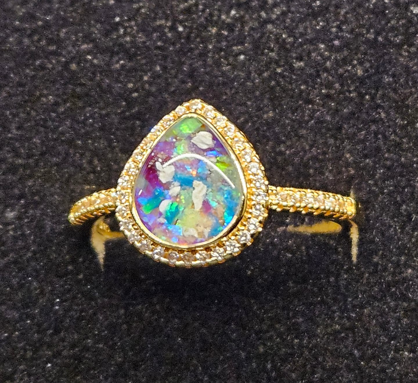 Customer photo review of Bedazzled Pear Opal Ring with Cremation Ashes