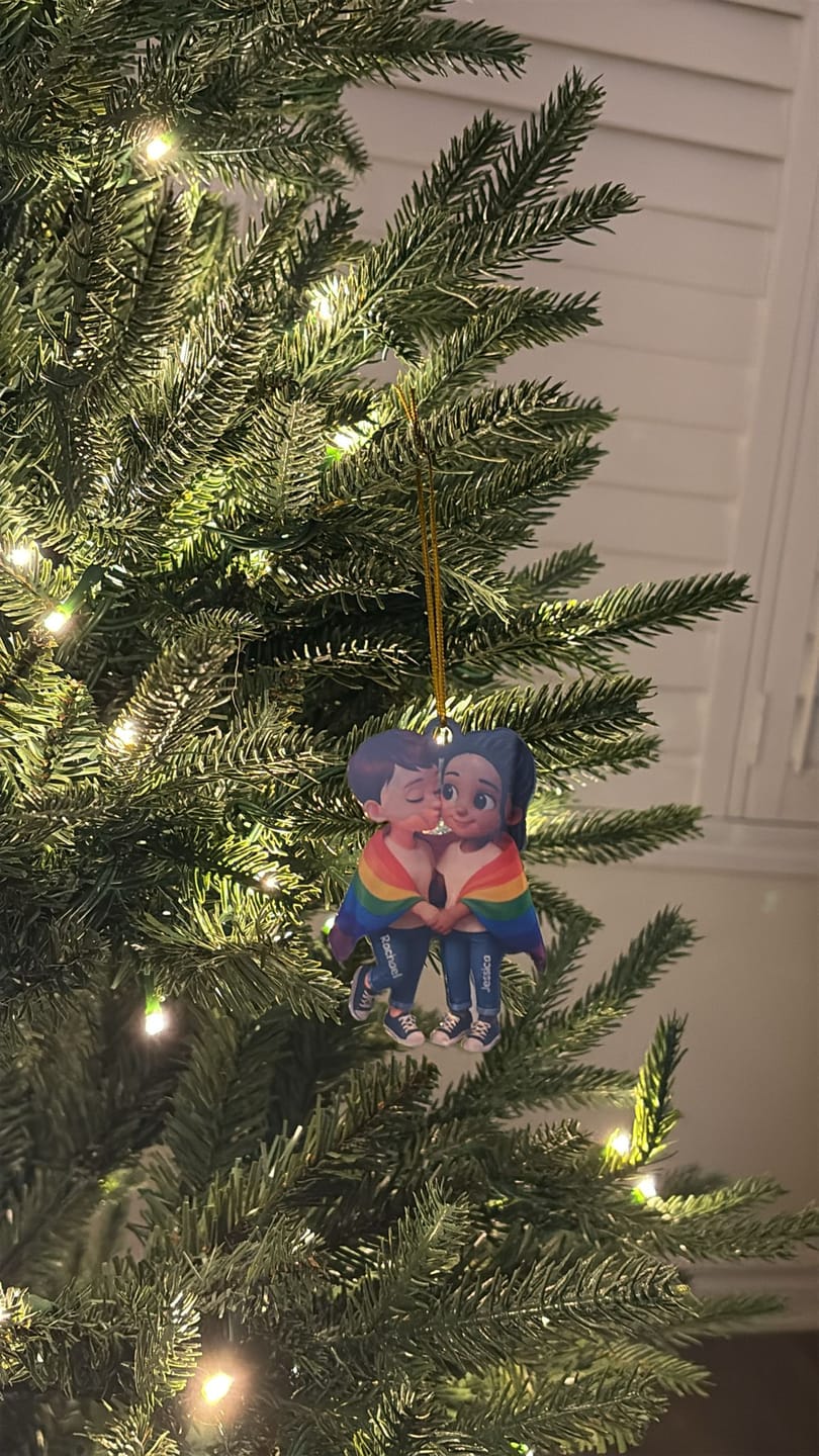 Customer photo review of Pride Month LGBT Couple Love Is Love Personalized Acrylic Christmas Ornament