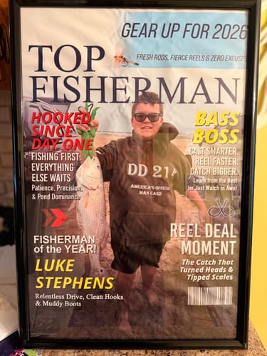 Customer photo review of Custom Fishing Magazine Cover, Personalized Fishing Gifts for Men, Fly Fishing Gifts for Him, Fishing Dad Gift, Angler Funny Fisherman Gift