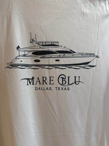 Customer's custom boat artwork printed in black on a white item, showing the yacht 'MARE BLU' from Dallas, Texas.