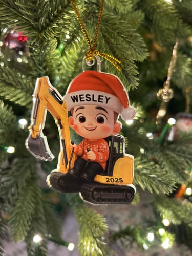 Customer photo review of 3D Effect Little Boy Kid With Car Excavator Backhoe Tractor Christmas Personalized Acrylic Ornament