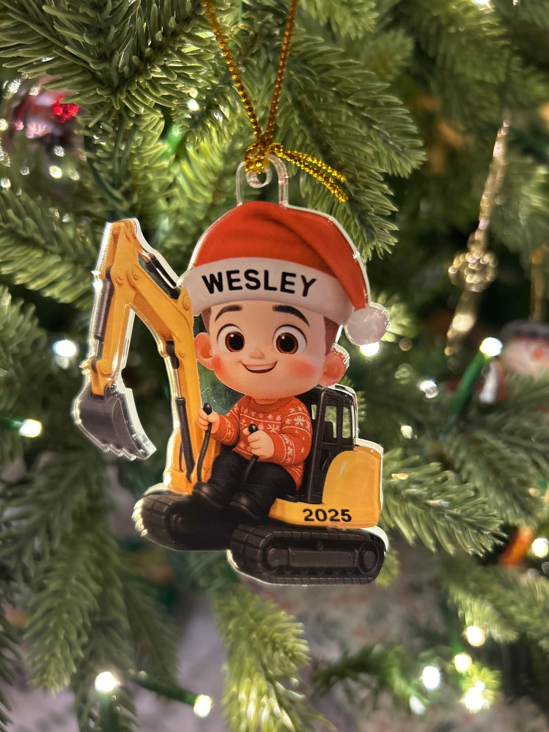 Customer photo review of 3D Effect Little Boy Kid With Car Excavator Backhoe Tractor Christmas Personalized Acrylic Ornament