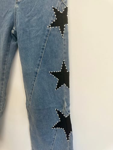 Customer photo review of Jessy Denim Mid Rise Side Star Pattern Pocket Wide Leg Jeans (Shipped Within 24 Hours)