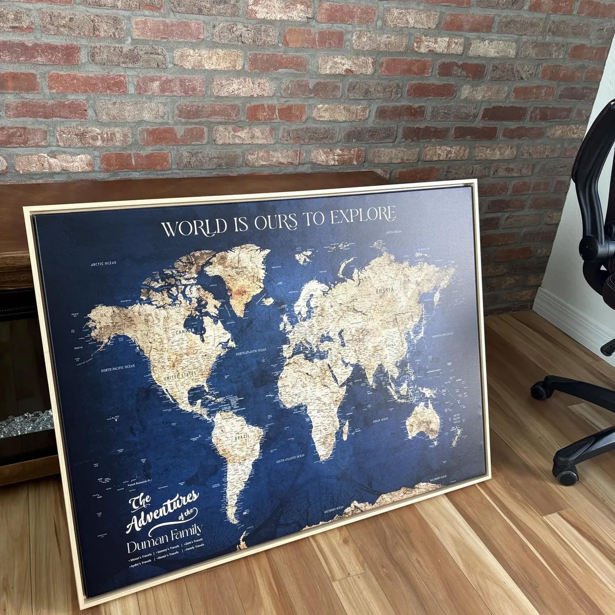 Customer photo review of Custom Push Pin World Map Personalized Travel Tracker Canvas Gift Framed Anniversary Decor for Home, Office