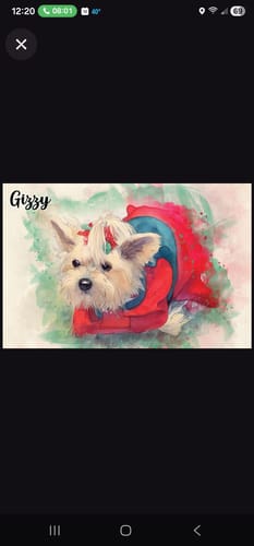 Customer's finished Pet Watercolor Portrait of their small dog, Gizzy, wearing a red outfit.