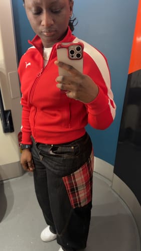 Customer photo review of Omirad Red Plaid Patch Curved Denim Pants