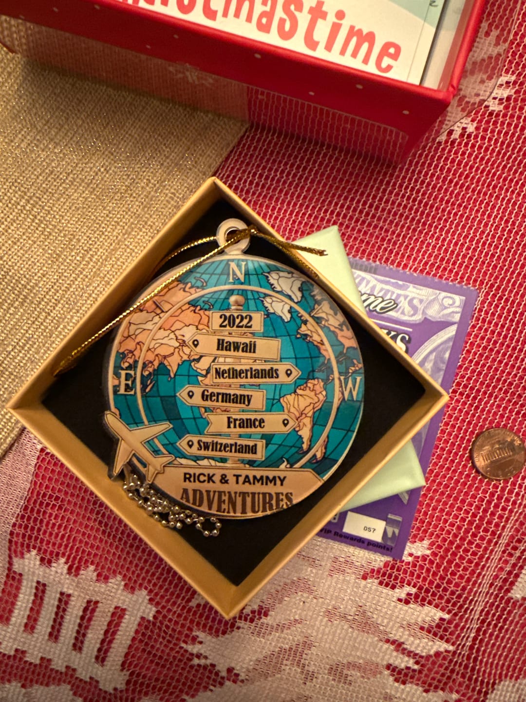 Customer photo review of Personalized Year-Round Adventure Ornament With 1-10 Destinations Name & Year Bring Wonderful Adventure Moments For Travel Lover