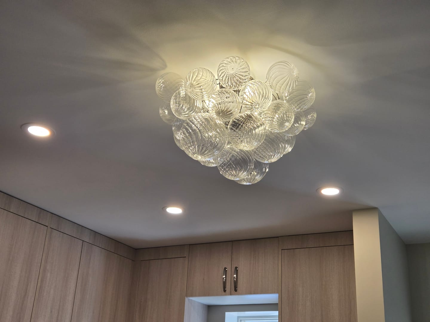 Customer photo review of 3-Light Cluster Ribbed Glass Bubble Semi Flush Chandelier
