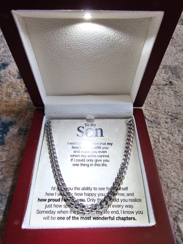 Customer's To My Son Cuban Link Chain gift set displayed in an open, lit mahogany box.