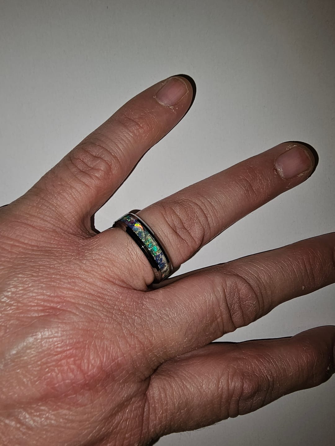 Customer photo review of Tungsten Opal Ring with Cremation Ashes