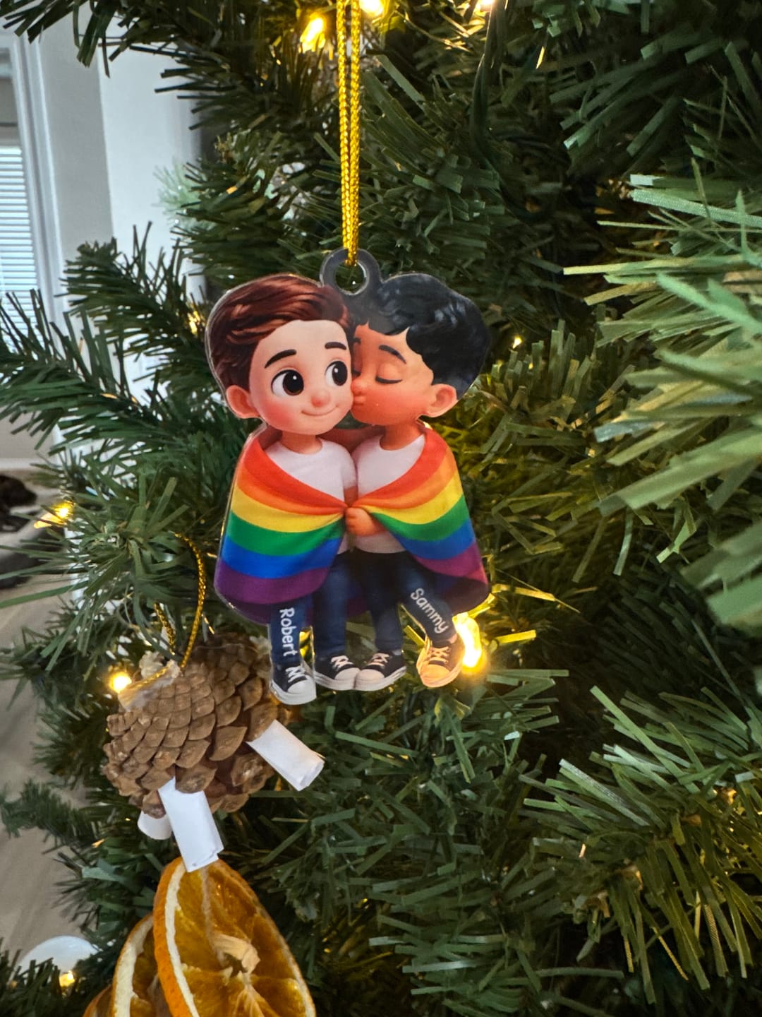 Customer photo review of Pride Month LGBT Couple Love Is Love Personalized Acrylic Christmas Ornament