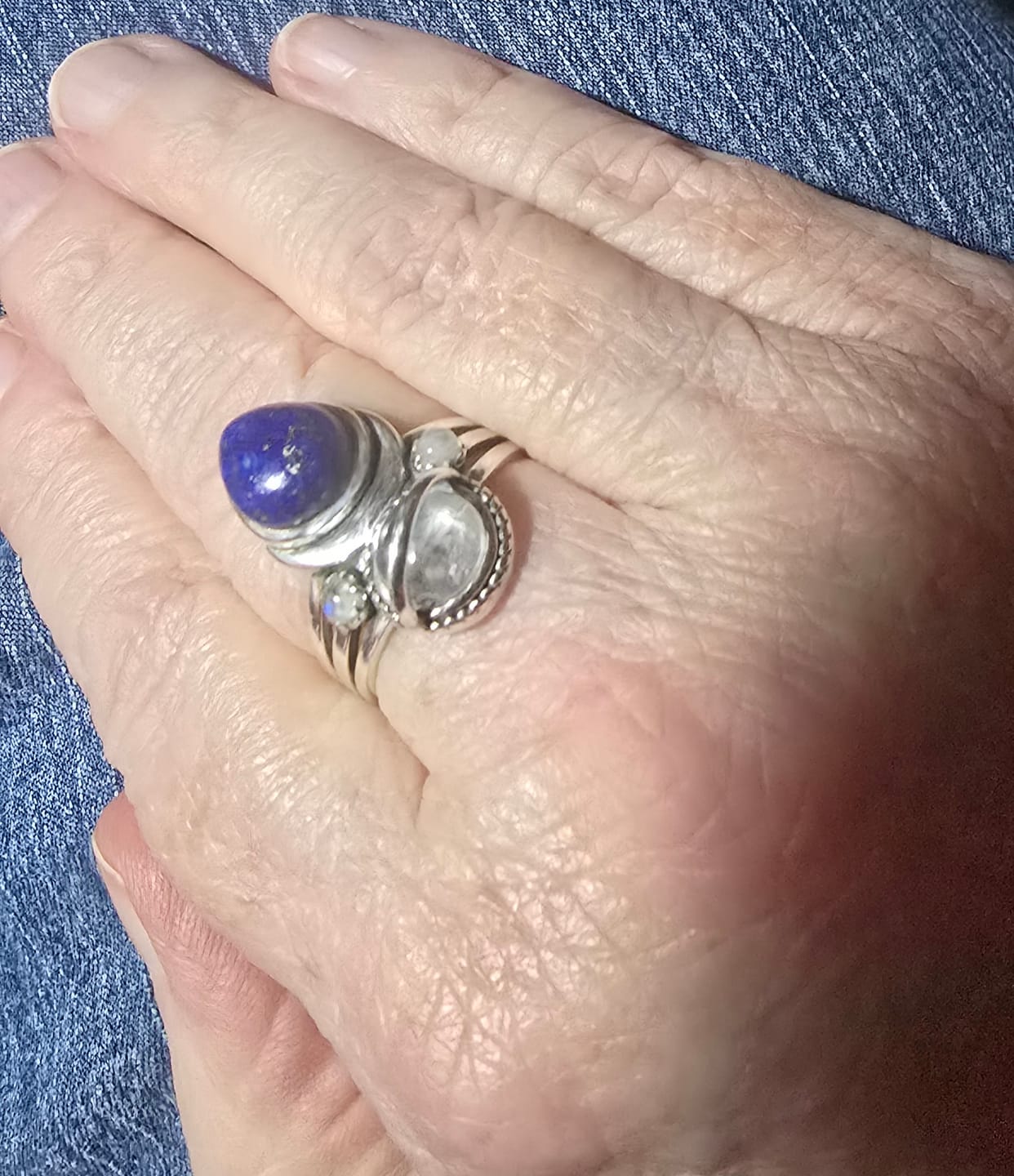 Customer photo review of Lapis and Moonstone Saturn Celestial and Moon Ring