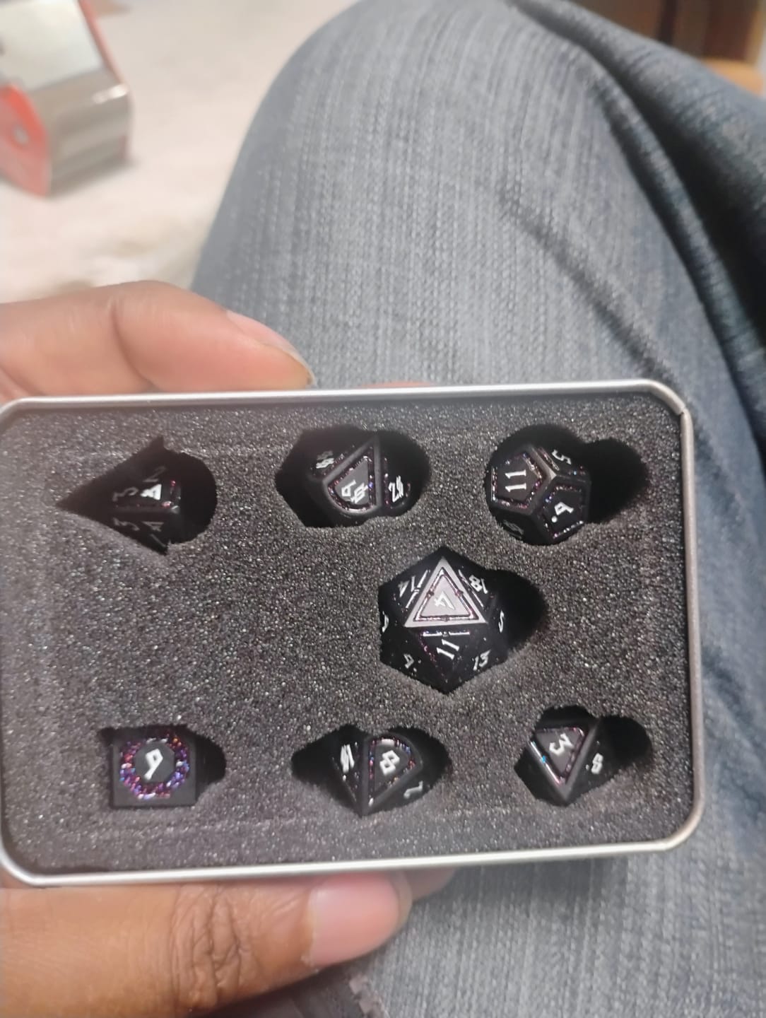 Customer photo review of Cleric's Shadow Domain Purple And Matte Black Metal Dice Set