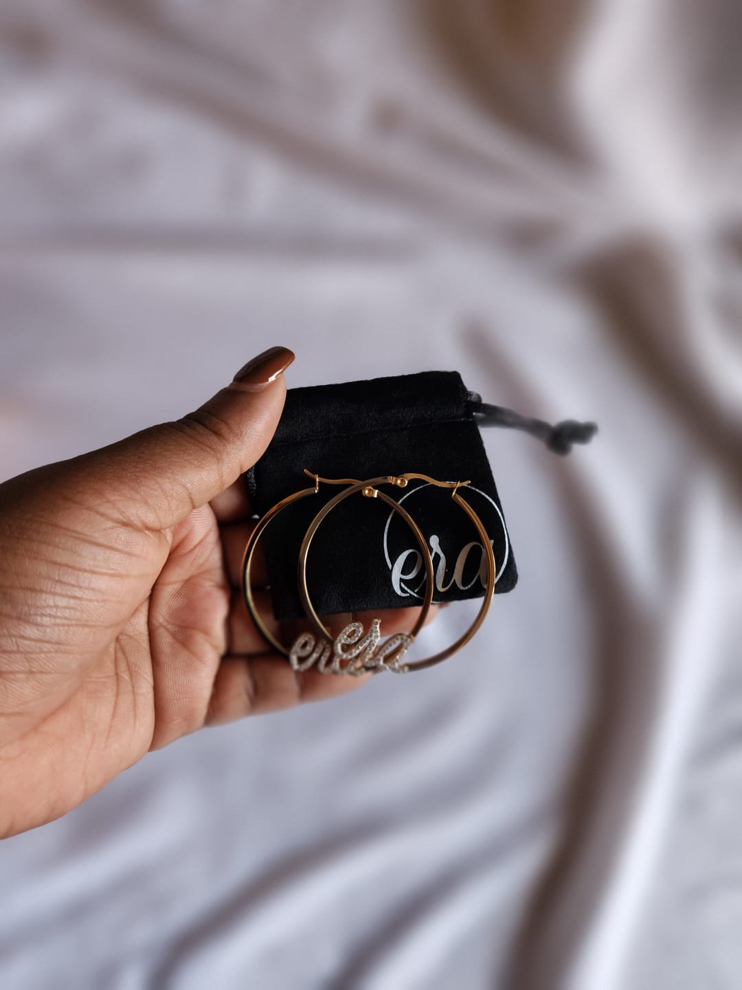 Customer photo review of Gold Precious Era Logo Hoops