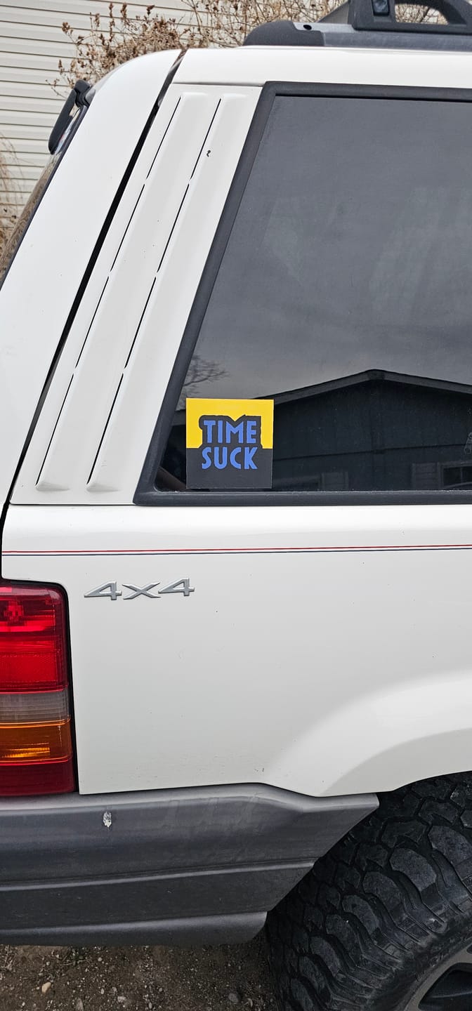 Customer photo review of Timesuck Podcast Logo Sticker