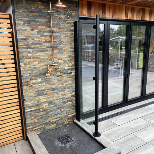Customer photo review of Handcrafted Unlacquered Solid Copper Outdoor Shower - 8" Rainfall Head