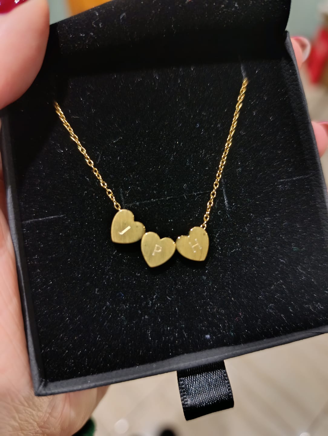Customer photo review of Amo Heart Triple Bead Necklace in Gold