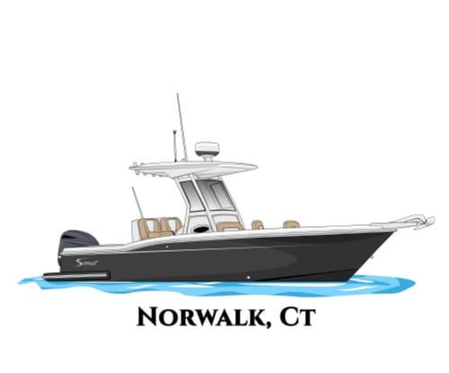 Customer's custom digital boat artwork, showing a black and white boat on the water with the text 'NORWALK, CT' underneath.