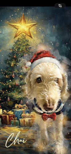 Customer's Custom Pet Portrait of their fluffy dog named Chai wearing a Santa hat by a Christmas tree.