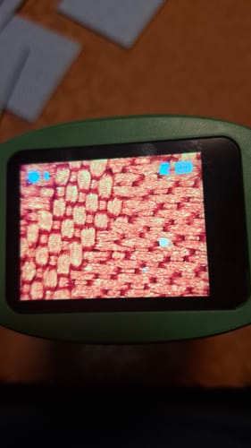 Nahaufnahme des Edubini Abenteuer-Mikroskops eines Kunden. Der Bildschirm zeigt ein stark vergrößertes rotes Gewebe.