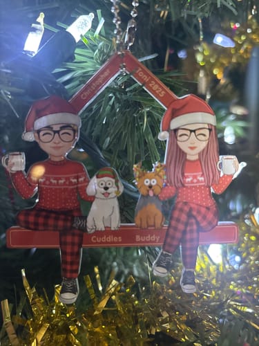 Customer photo review of Personalized Cute Couple Sitting With Dogs Cats Ornament With Names & Icons,Special Xmas Gift For Dog & Cat Lovers