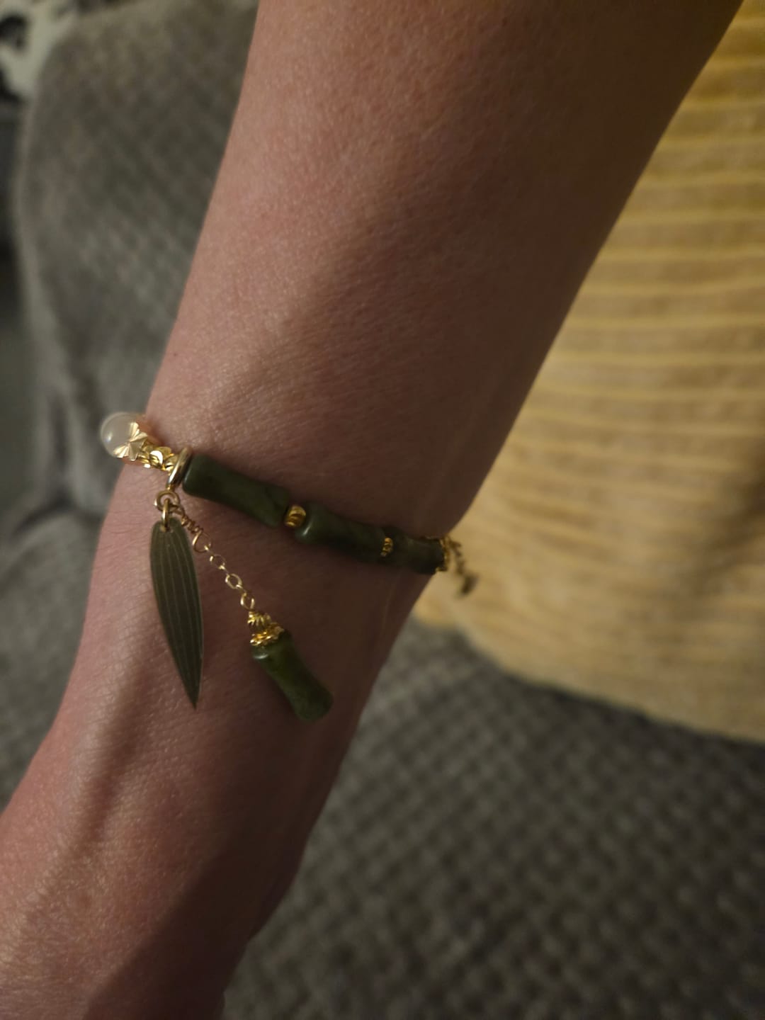 Customer photo review of Buddha Stones Jade Bamboo Leaf Lily Of The Valley Pattern Luck Abundance Bracelet