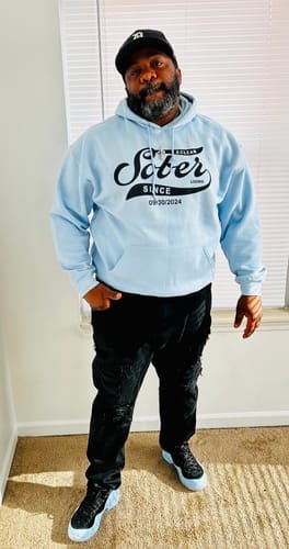 Customer photo review of Recovery Hoodie | Sober Since Men's Hoodie with Custom Sobriety Date