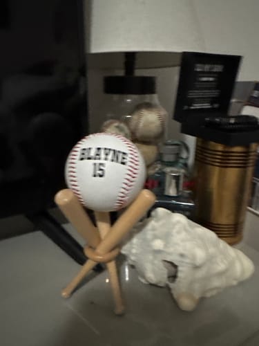 Customer's personalized 'To My Grandson' baseball showing the name 'Blayne' and number '15' on a small display stand.