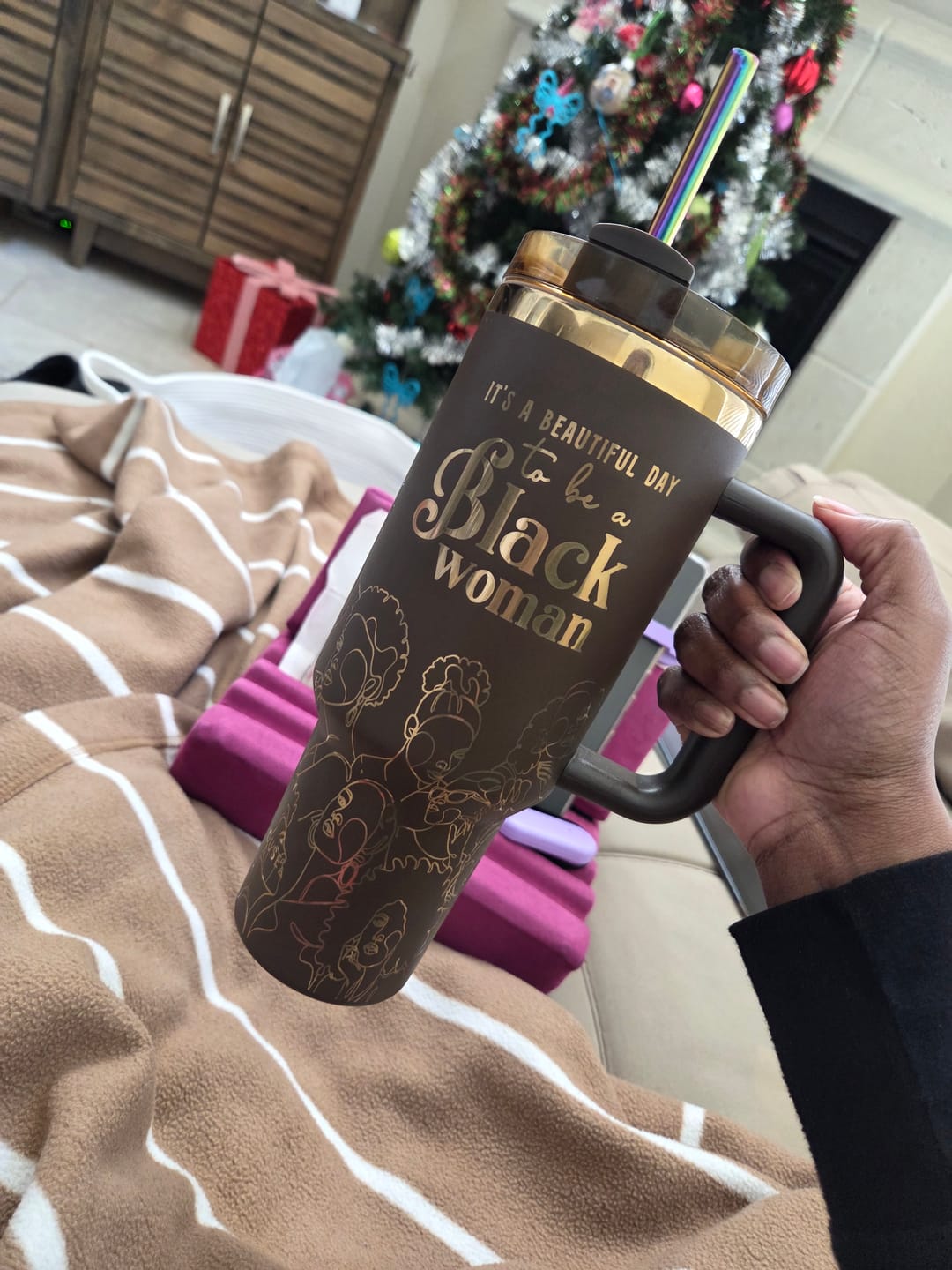 Customer photo review of Brown Sugar (4th Anniversary) 40oz Insulated Tumbler – "It's a Beautiful Day to be a Black Woman"