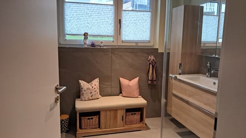 Customer photo review of CHIBA - Banc avec rangements en bois et velours beige