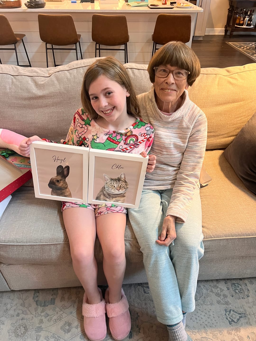 Customer photo review of Custom Framed Pet Portrait | Personalized Dog or Cat Wall Art (Size/Frame Color: 8"x10"/White, Number of Pets: One Pet, Personalization: Chloe, Hazel)
