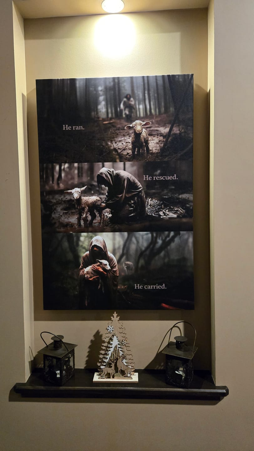 Customer photo review of He Ran, He Rescued, He Carried, Jesus and Lost Sheep, Wall Art Canvas
